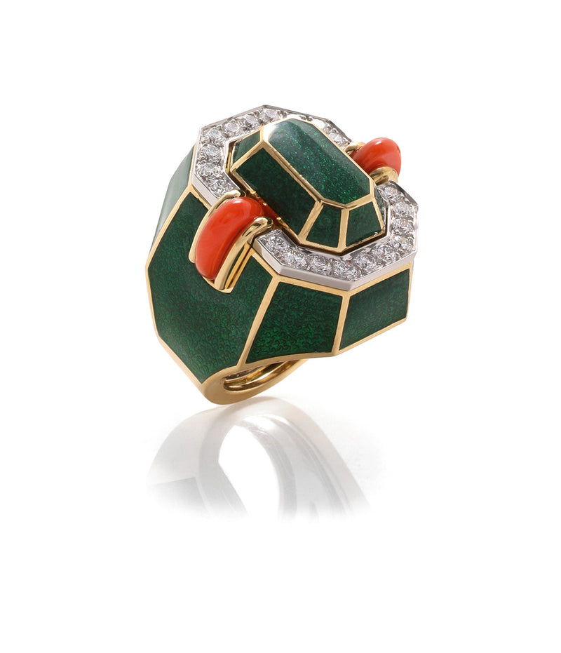 Facet Ring, Coral, Green Enamel