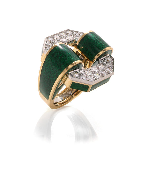 Small Octagonal Buckle Ring, Green Enamel