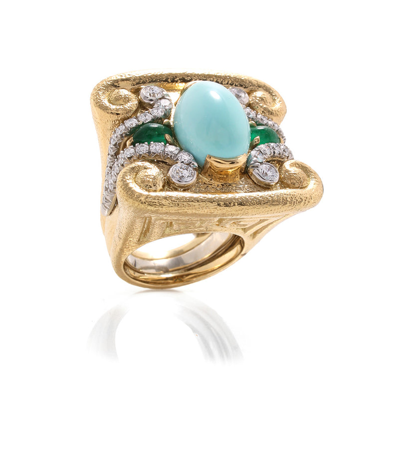 Quad Scroll Stone Ring, Emerald