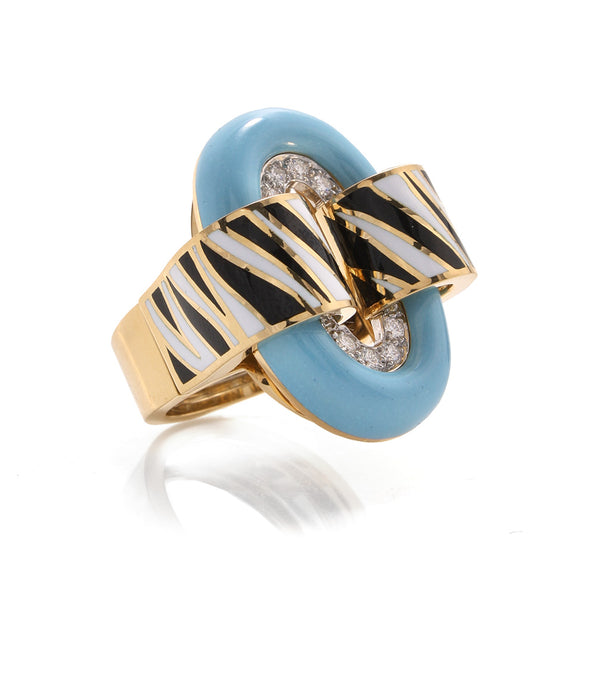 Small Oval Buckle Ring with Zebra Stripe, Light Blue