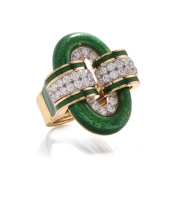 Small Oval Buckle Ring, Green Enamel