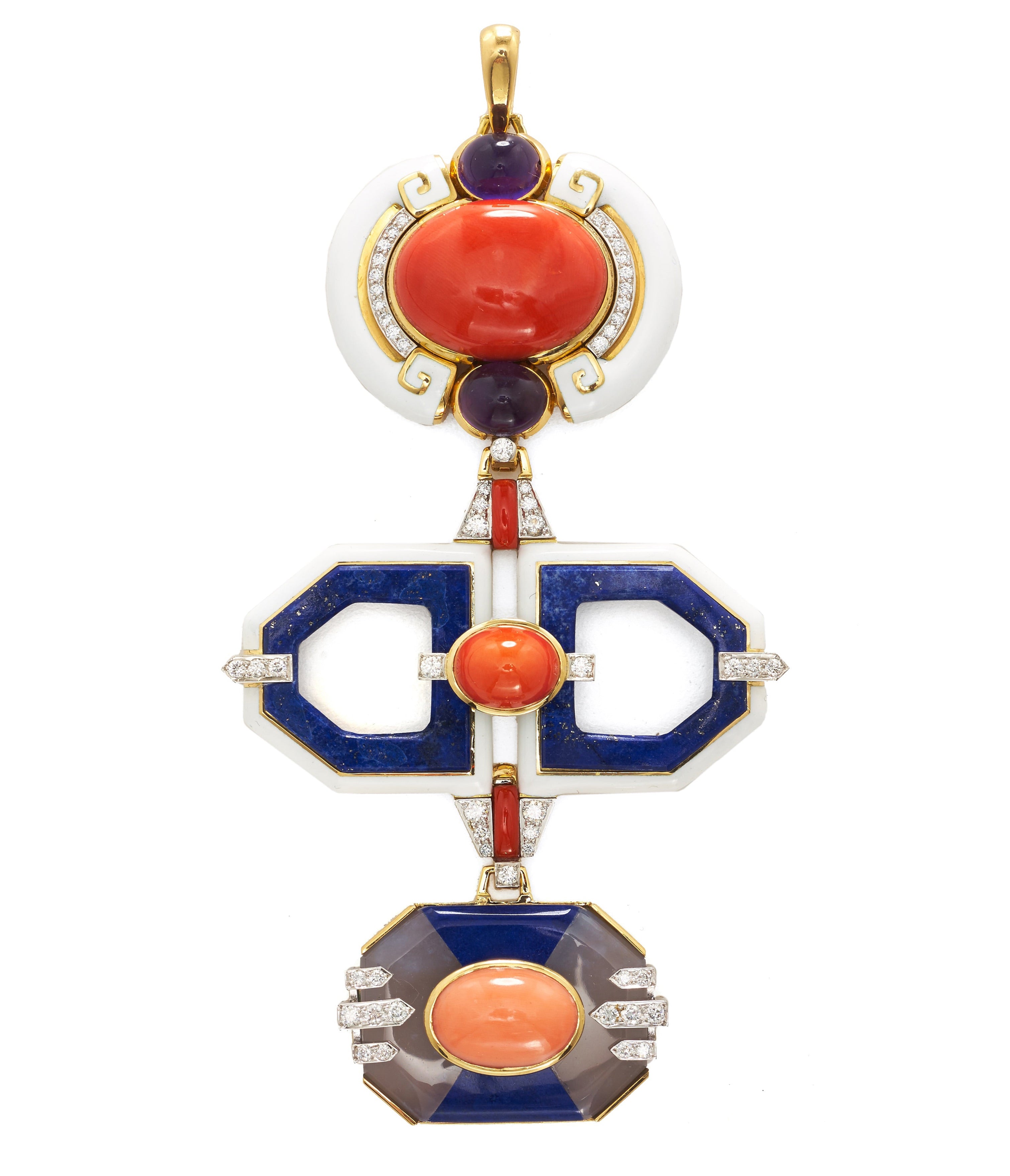 Coral, Lapis Lazuli, Chalcedony Totem Pendant | David Webb New York