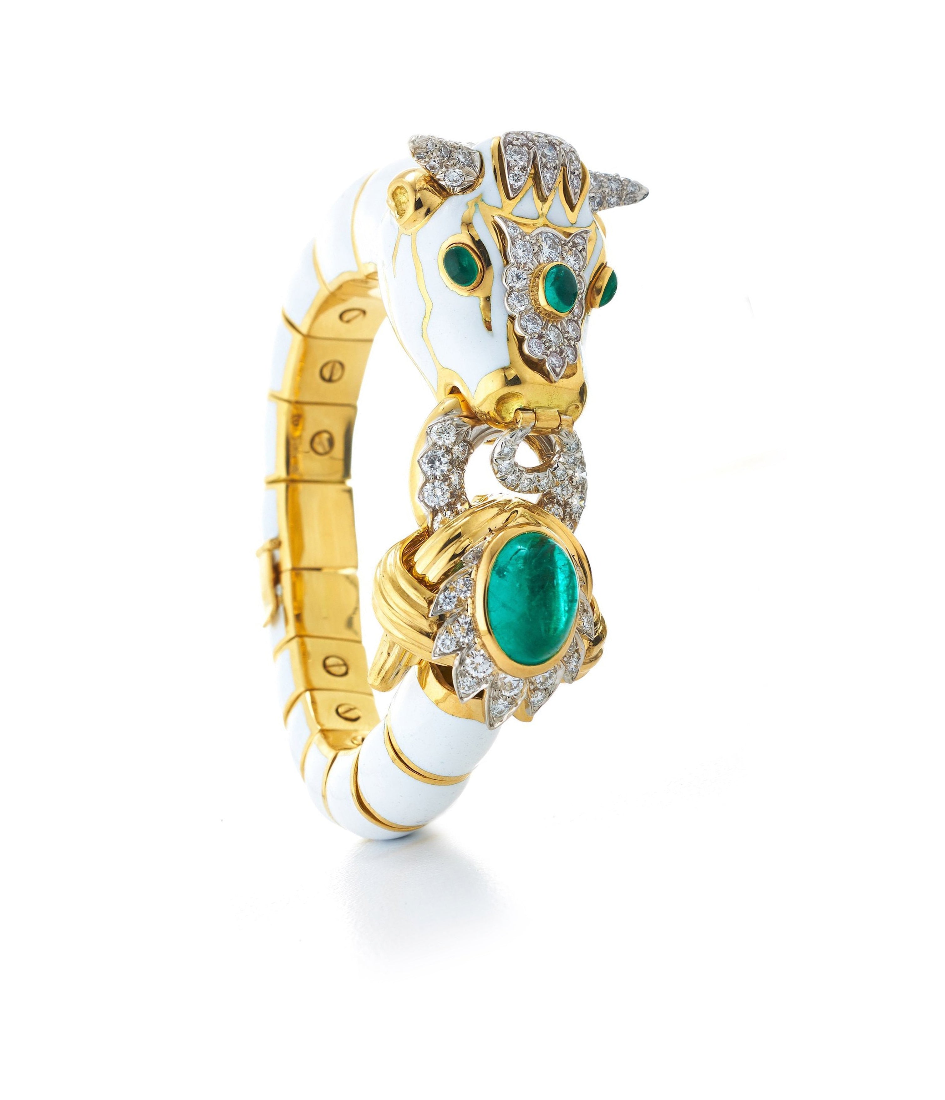 White Enamel Emerald Bull Bracelet | David Webb New York